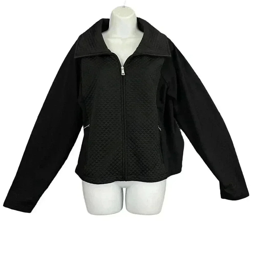 Lauren‎ Ralph Lauren Womens Quilted Black Zip Up Blazer Top LARGE Collared